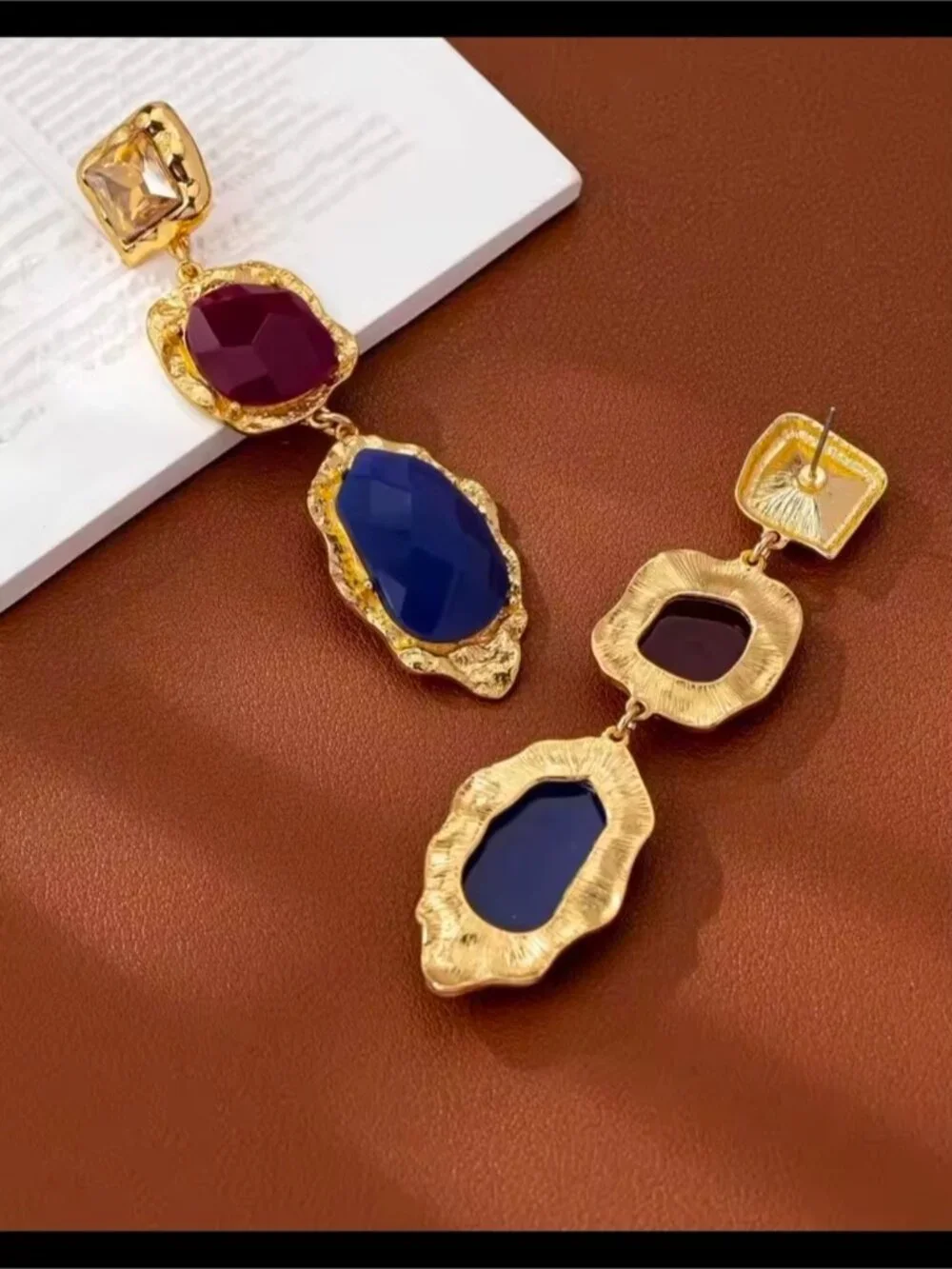 Gold-Tone Earrings with Purple & Blue Stones